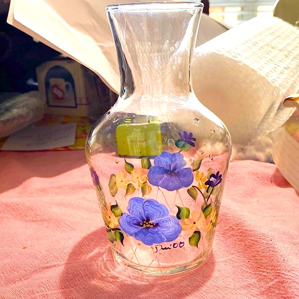 A Vintage Pansy Blue and Yellow Floral Carafe or Vase. 6.5 in Tall. EUC from2000